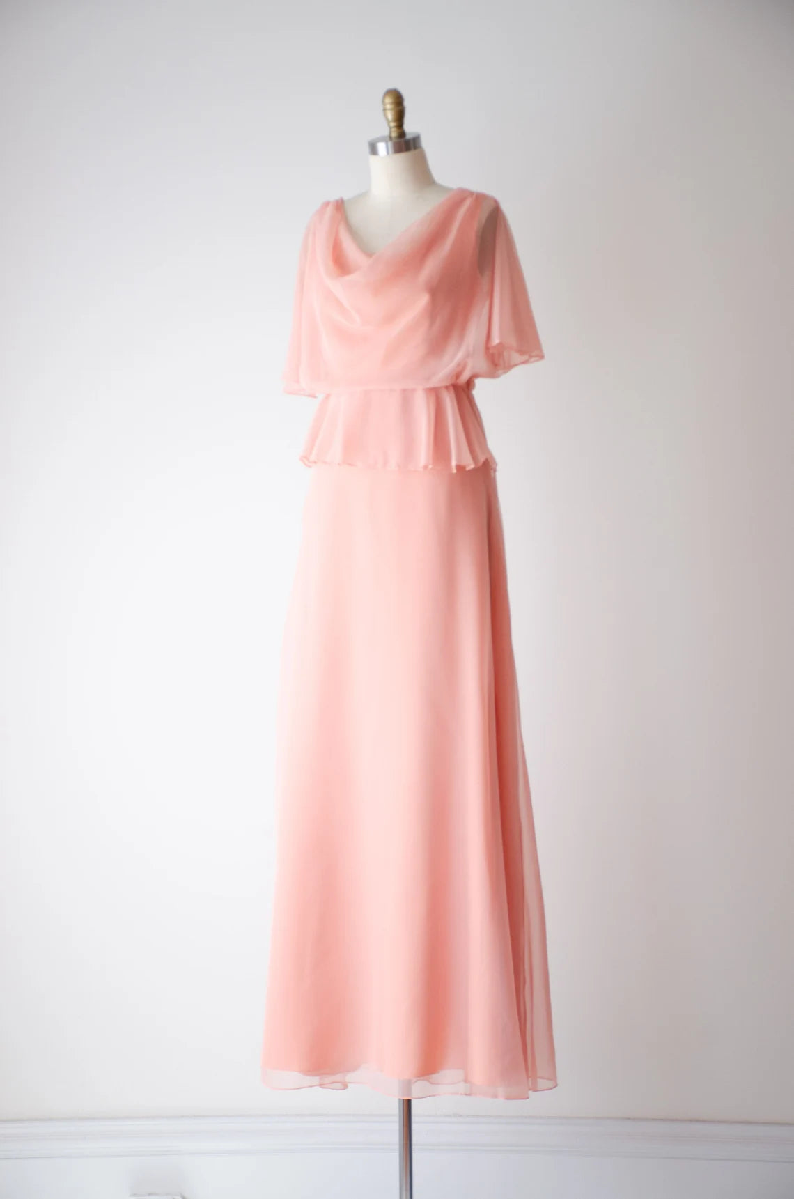 Chic Pink Chiffon Dress Cowl Neck Flutter Sleeve Floor Length Prom Party Dress